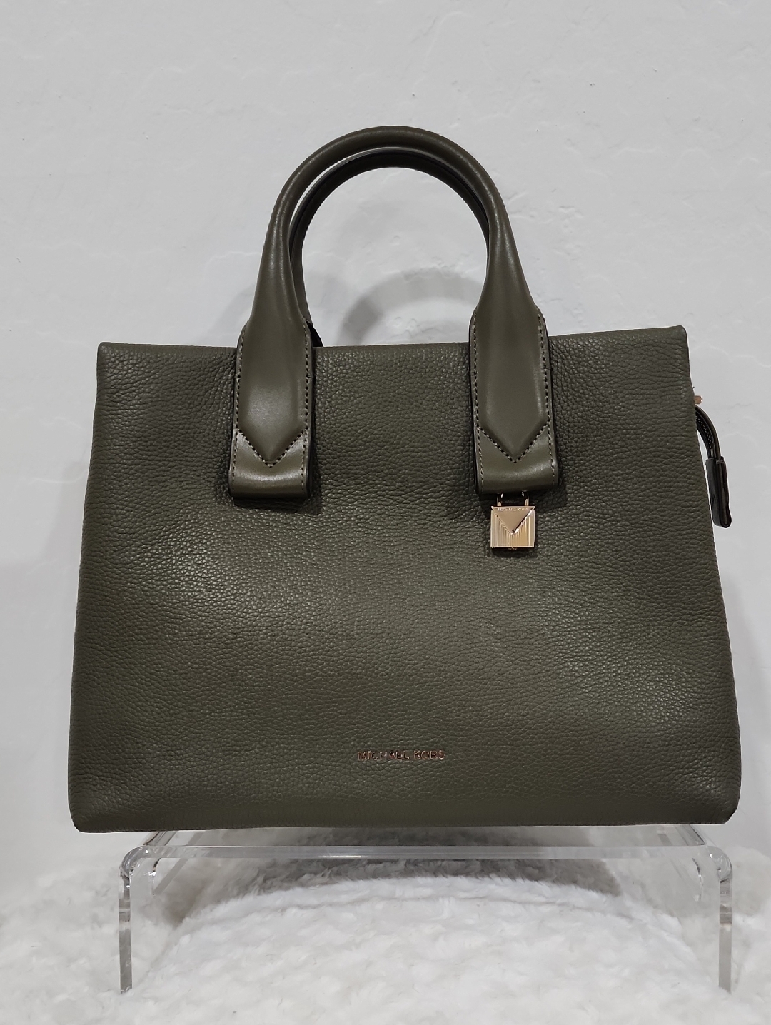 Nwt Michael Kors Olive Rollins Large Leather Satchel With Gold Hardware
